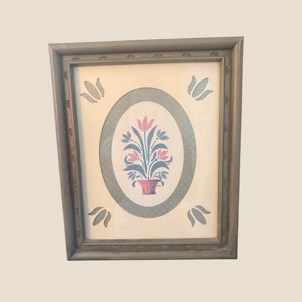 Vintage Floral Folk Art Framed Print Cottage Farmhouse 9.5 x 11.5 Wood Tulip